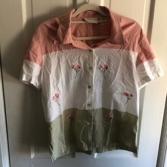 Lemon Grass 90s Y2K Floral Color Block Short Sleeve Button Down - Picture 1 of 8